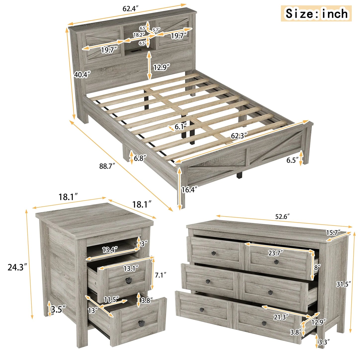 3-Pieces Bedroom Sets Queen Size Farmhouse Platform Bed with Double Sliding Door Storage Headboard and Charging Station, Storage Nightstand and – view 21