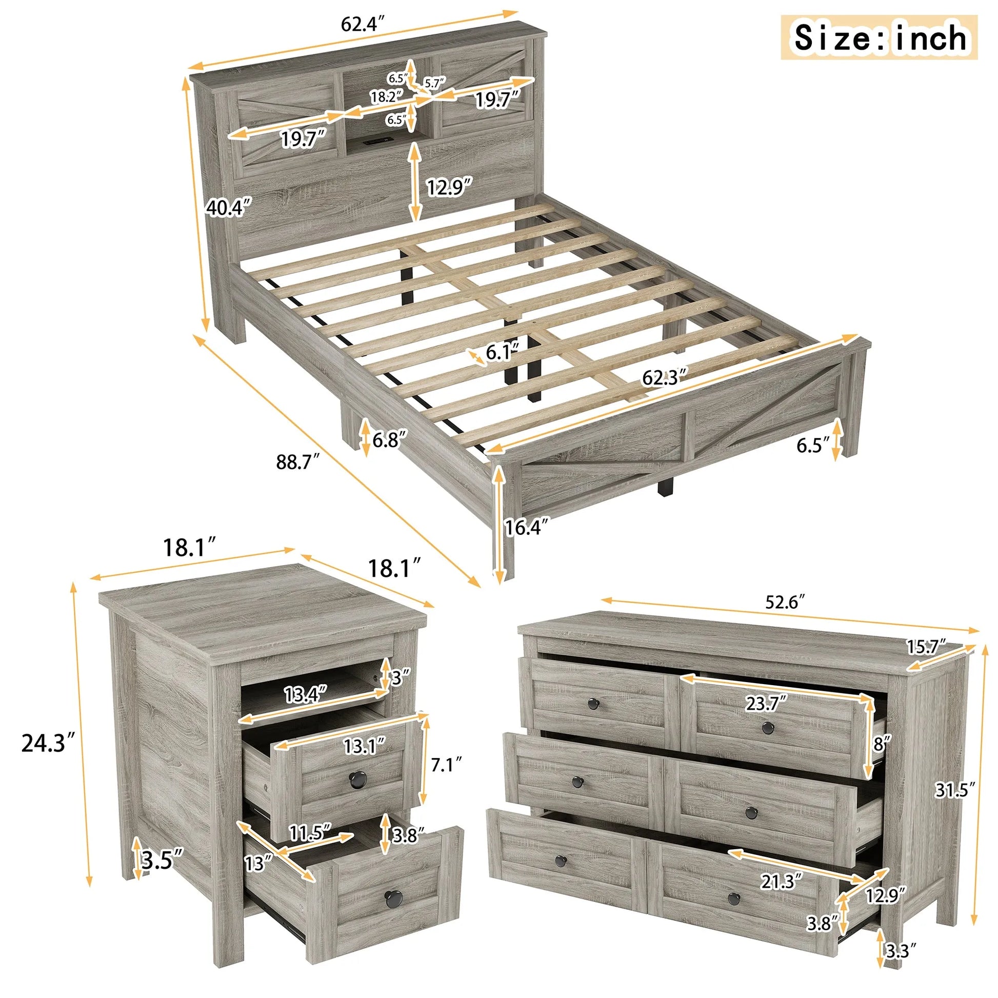 3-Pieces Bedroom Sets Queen Size Farmhouse Platform Bed with Double Sliding Door Storage Headboard and Charging Station, Storage Nightstand and – view 21