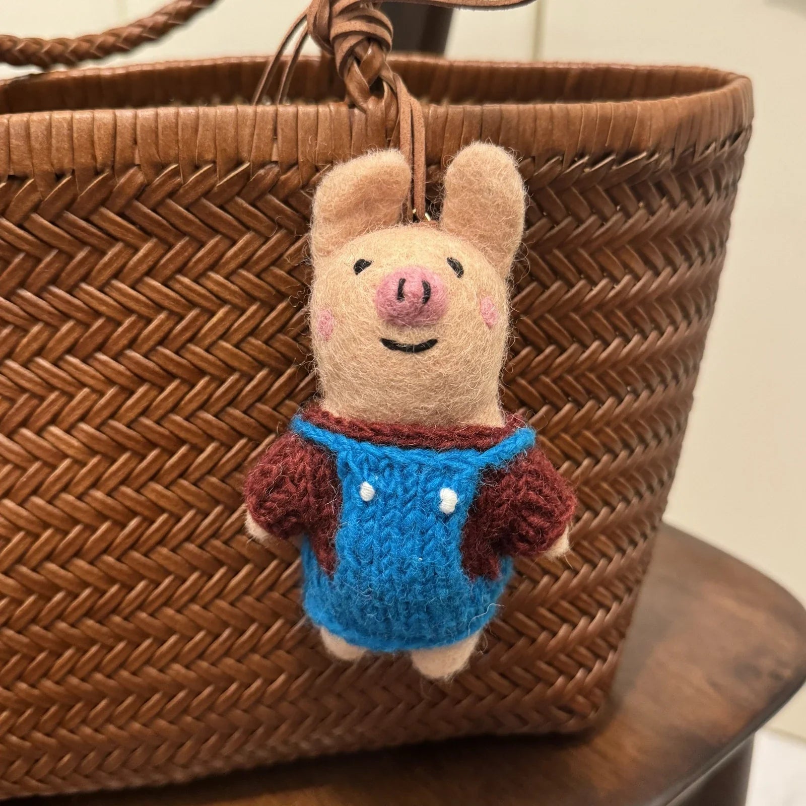 pig overalls handmade wool felt bag charm