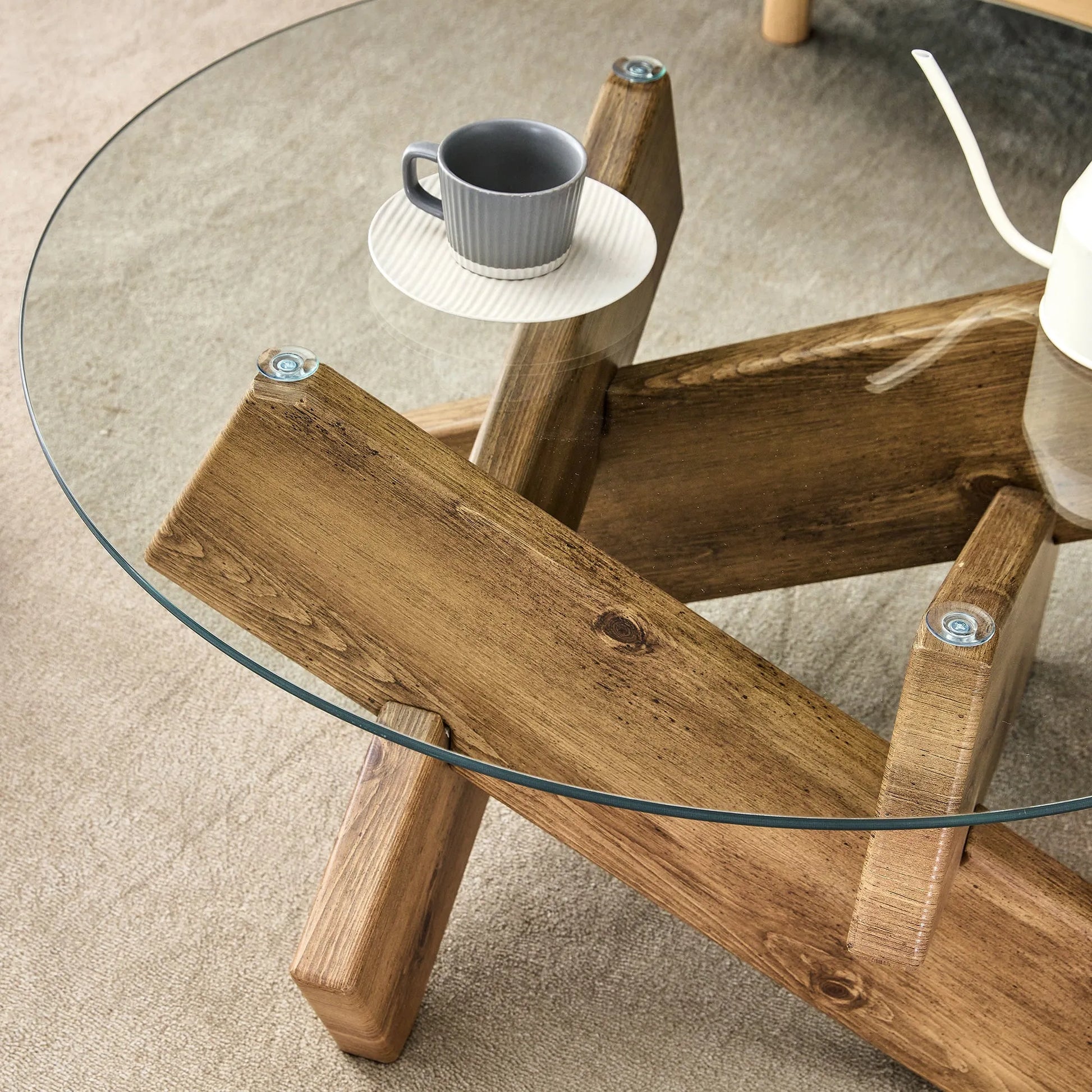 Circular glass coffee table, 33.4-inch modern and distinctive design tea table. Tempered glass countertop, wood colored MDF table legs. Suitable for – view 21