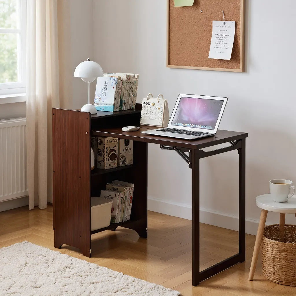 Bamboo Folding Desk, Foldable Desk for Small Space, Computer Desk with Hidden Storage, Mid Century Foldable Table for Home Office and Bedroom (Walnut – view 21