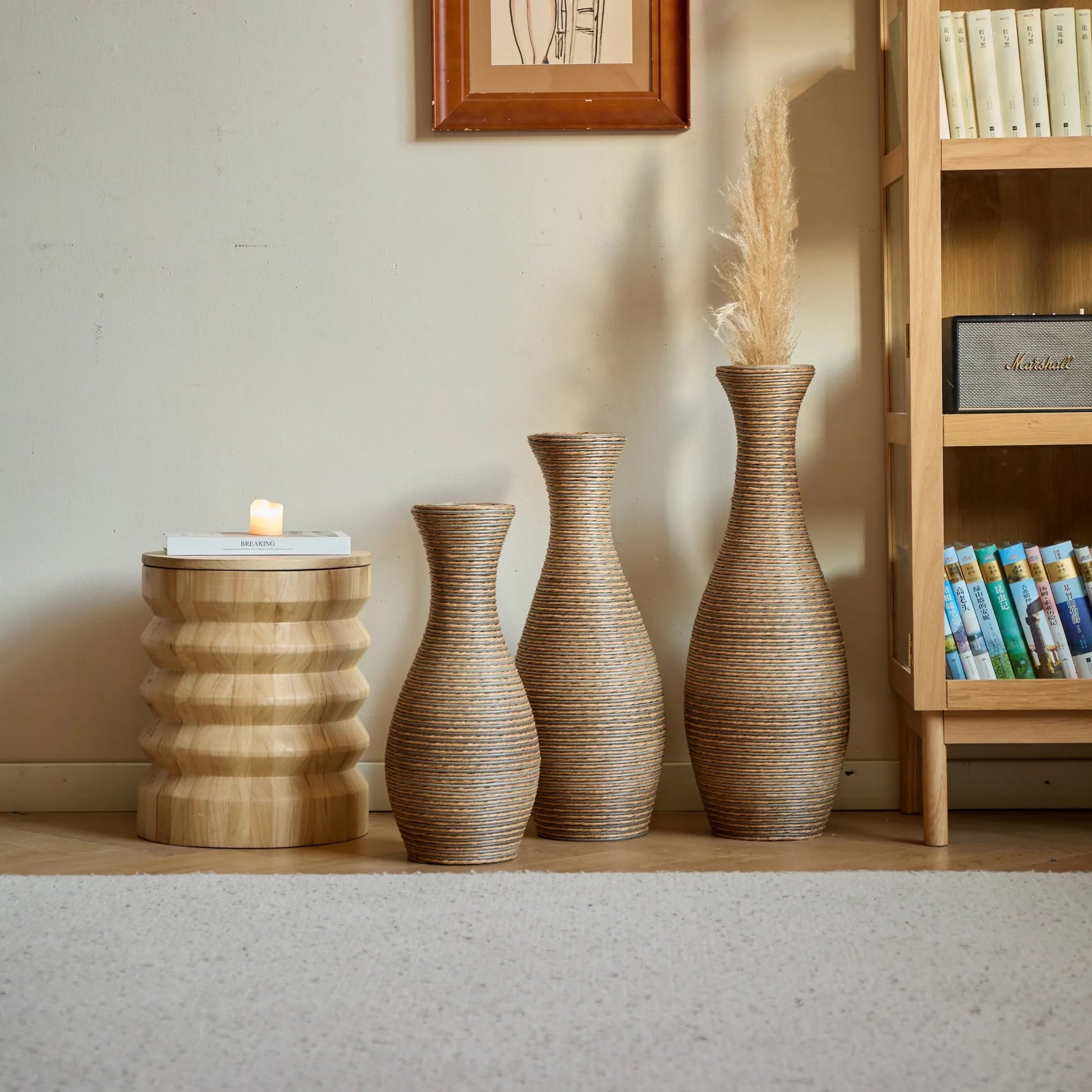 3-Piece Artificial Rattan Floor Vase Set – Decorative Accent for Living Room, Hallway & Entryway, Ideal for Dried or Silk Flower Arrangements, Beige – view 21