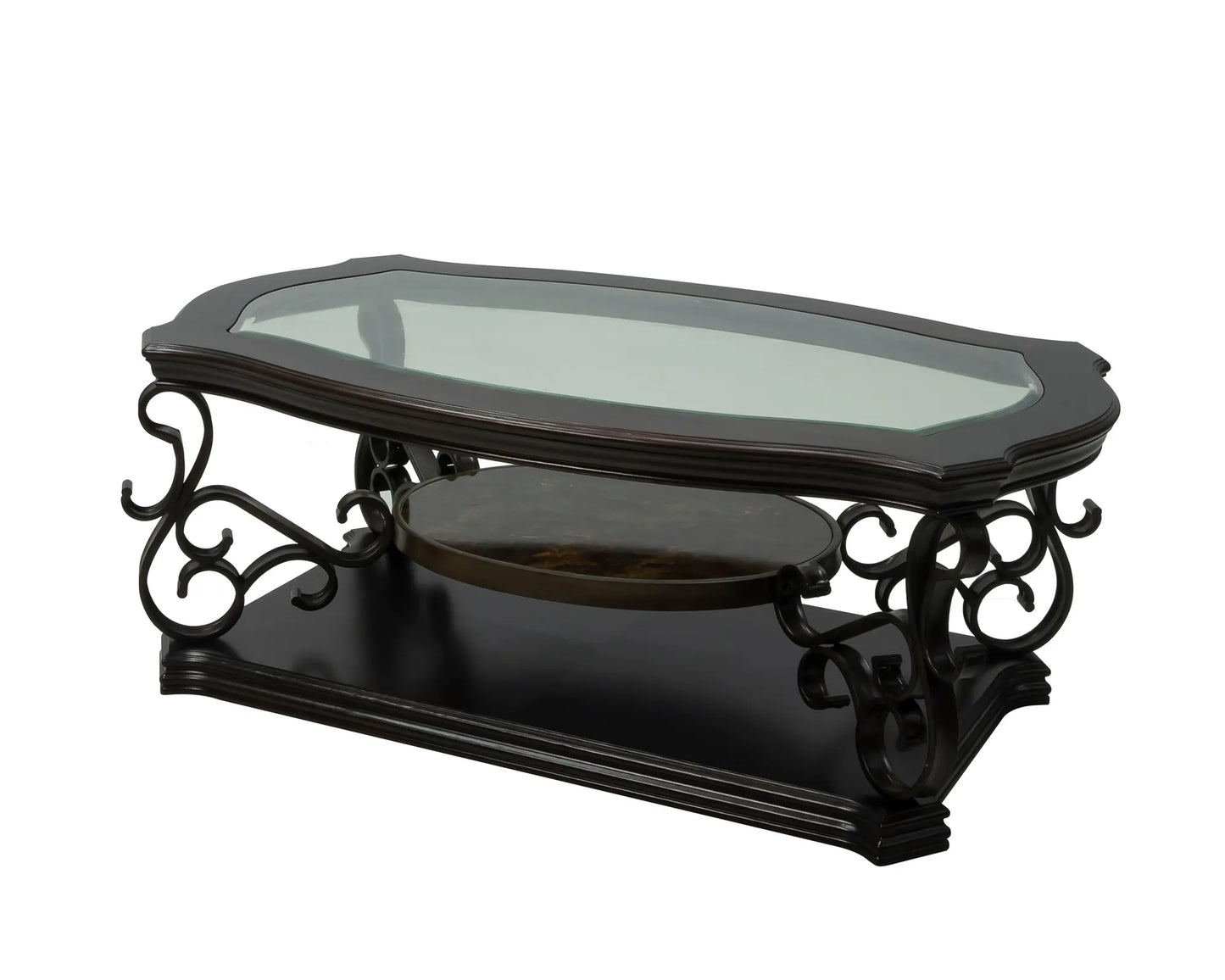 Cocktail Table, Glass table top, MDF W/marble paper middle shelf, powder coat finish metal legs. (52'Lx32'Wx20.3'H) – view 21
