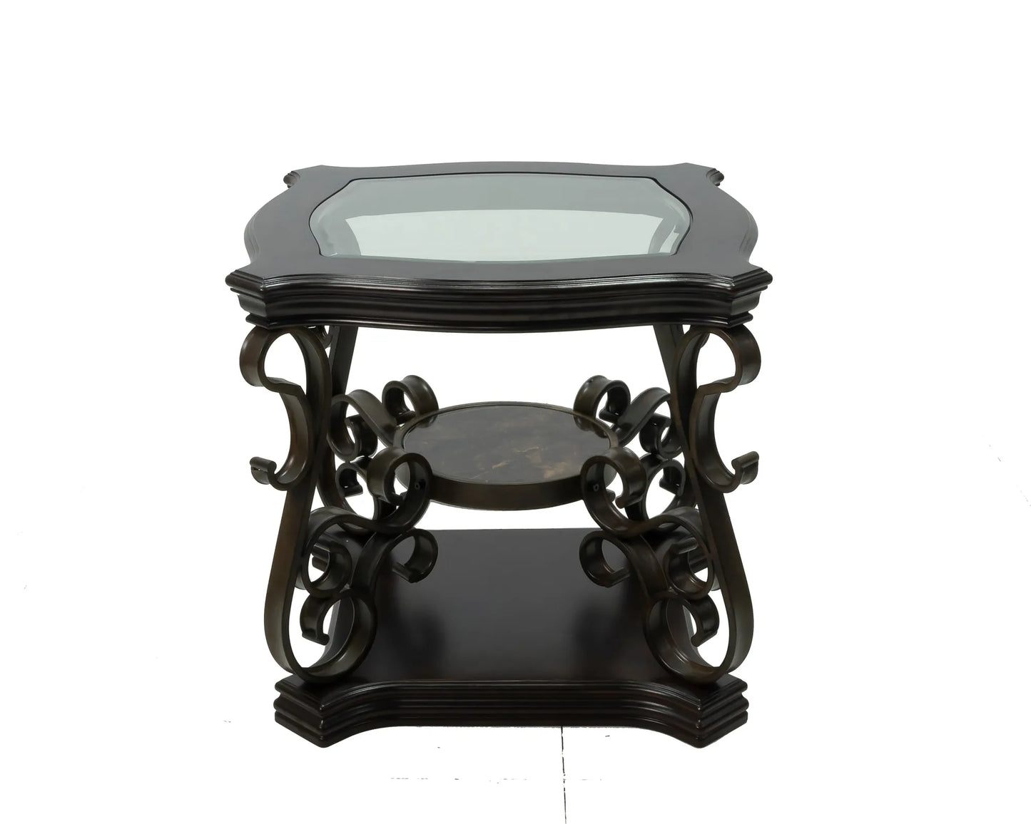 End table, Glass table top, MDF W/marble paper middle shelf, powder coat finish metal legs. (26.3'Lx26.3'Wx24'H) – view 21