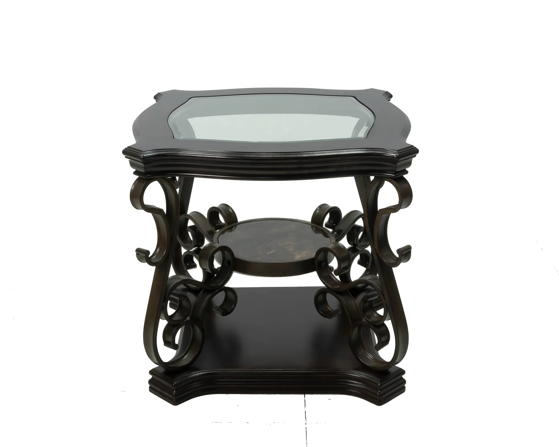 End table, Glass table top, MDF W/marble paper middle shelf, powder coat finish metal legs. (26.3'Lx26.3'Wx24'H) – view 21