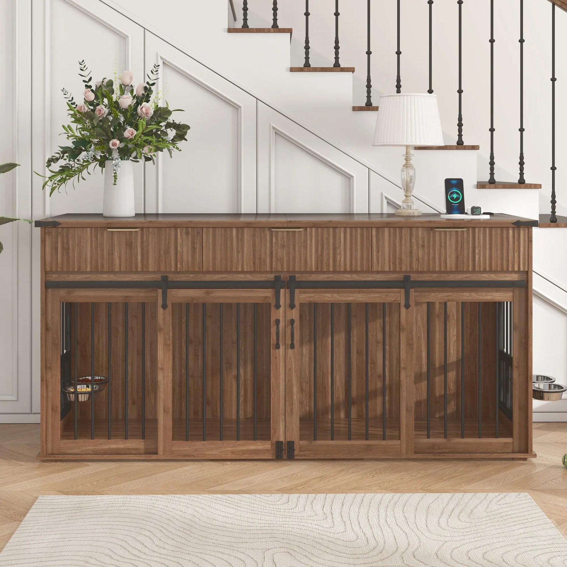 71'' Furniture Style Double Dog Crate with 3 Fluted Drawers and Waterproof Walnut Woodgrain Tabletop,Large Dog Kennel Furniture with Type-C Power – view 21
