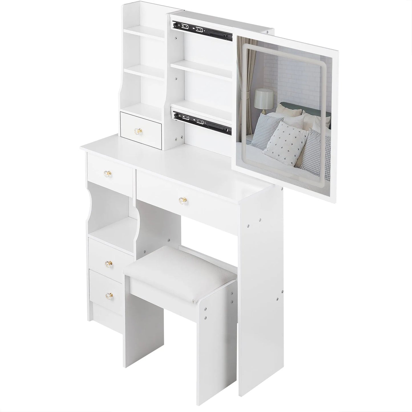 29.2' Small Size Left Drawer Desktop Vanity Table + Cushioned Stool, Large Sliding, Touch Control, Tri-color Switching, Brightness Adjust LED Mirror – view 21