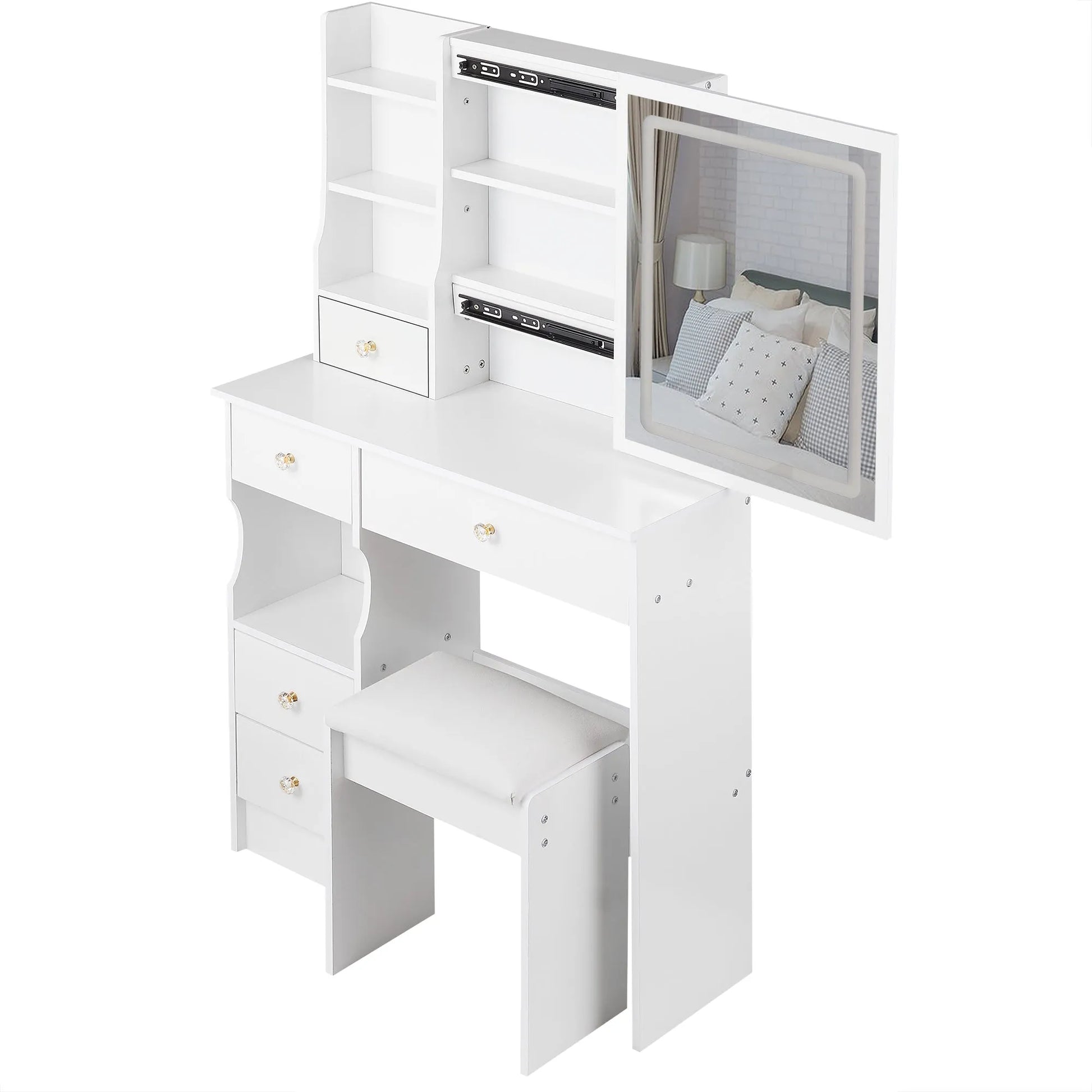29.2' Small Size Left Drawer Desktop Vanity Table + Cushioned Stool, Large Sliding, Touch Control, Tri-color Switching, Brightness Adjust LED Mirror – view 21