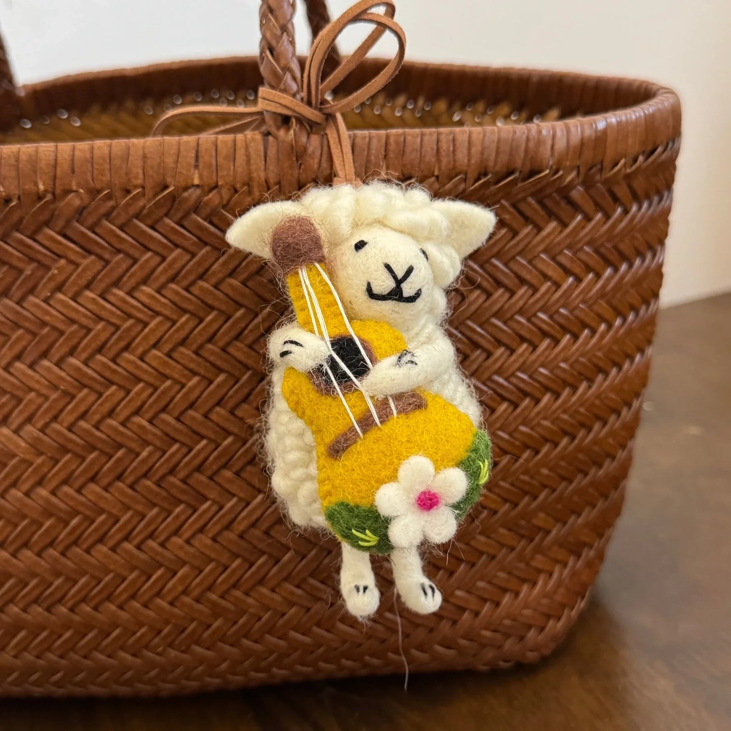 Handmade wool felt sheep bag charm – yellow guitar sheep