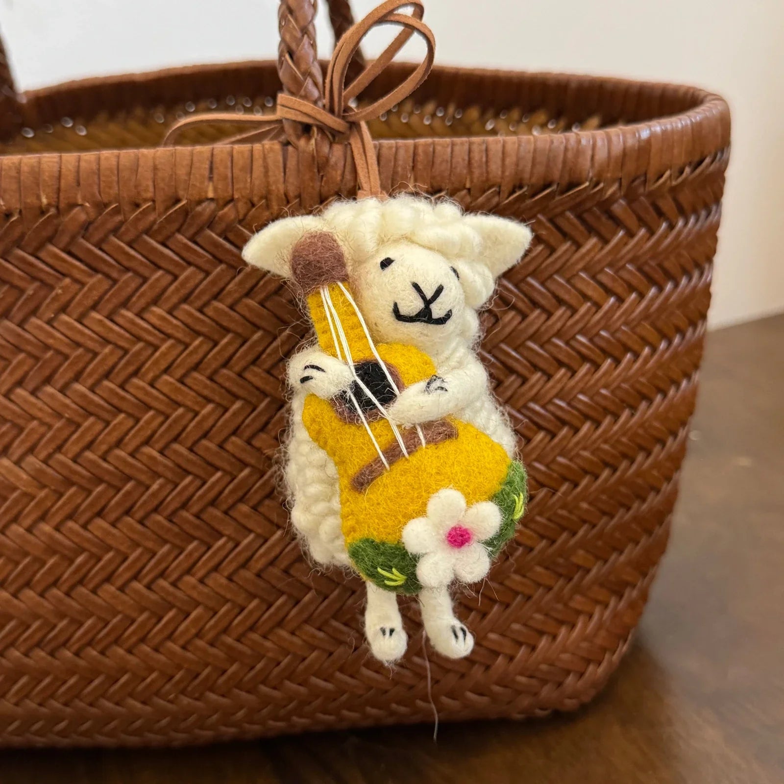 Handmade wool felt sheep bag charm – yellow guitar sheep