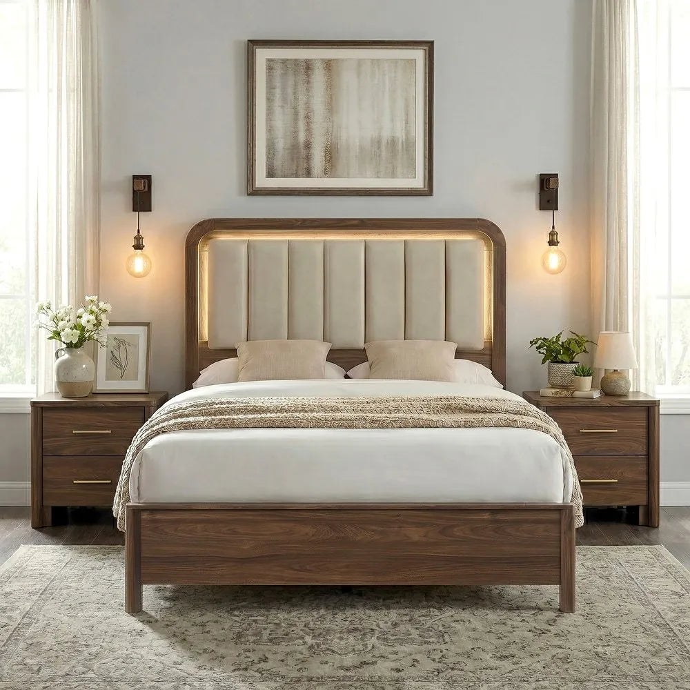 Walnut Gorgeous Queen Size Bed Nightstands Set Panel Bed HB w LED Warm Light Bedroom Set 3pc – view 22