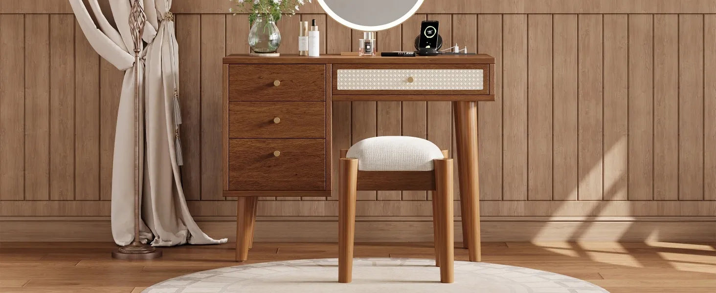 39' Retro Bohemian Style Wooden Makeup Vanity Set with Charging Plug&USB Port and Stool, Dressing Table with 3 Storage Drawers and 1 Rectangular – view 22
