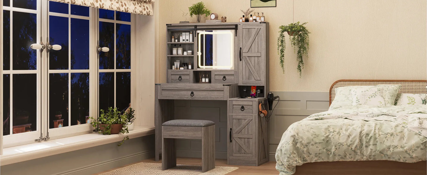 Farmhouse Vanity Desk with Sliding Mirror and Lights, Vanity Set with Glass Top and Charging Station ,Dressing Table with 4 Drawers and 2 Cabinets – view 22