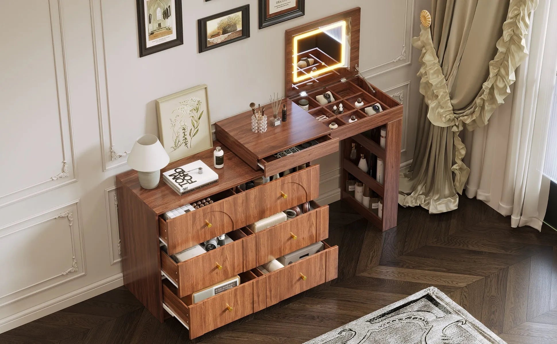 Vanity Desk with Mirror and Lights, Makeup Vanity Table with Flip-Top Tabletop and Storage 7 Drawers, 9 Compartments, 3 Shelves, 3 Color Modes – view 22