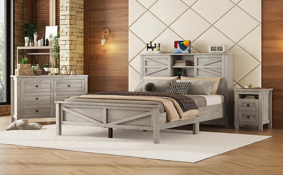 3-Pieces Bedroom Sets Queen Size Farmhouse Platform Bed with Double Sliding Door Storage Headboard and Charging Station, Storage Nightstand and – view 22