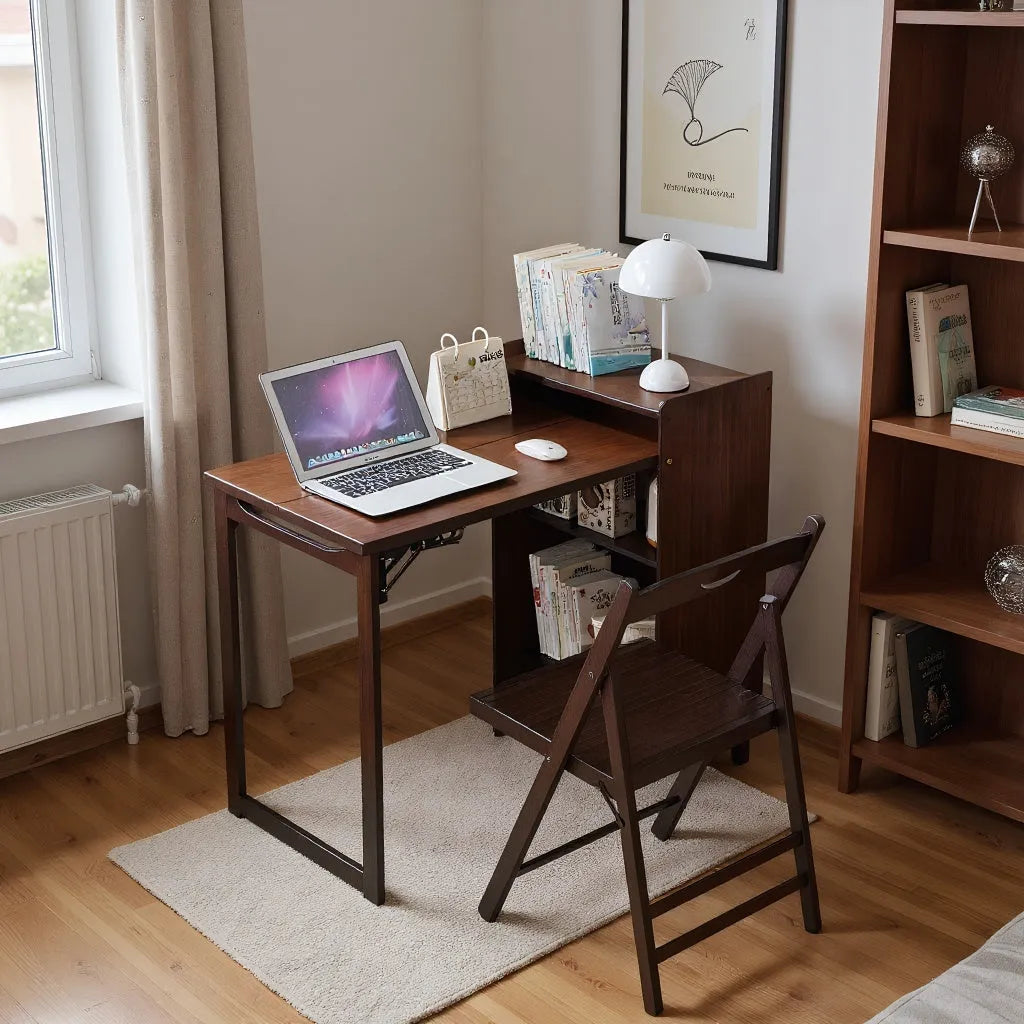 Bamboo Folding Desk, Foldable Desk for Small Space, Computer Desk with Hidden Storage, Mid Century Foldable Table for Home Office and Bedroom (Walnut – view 22