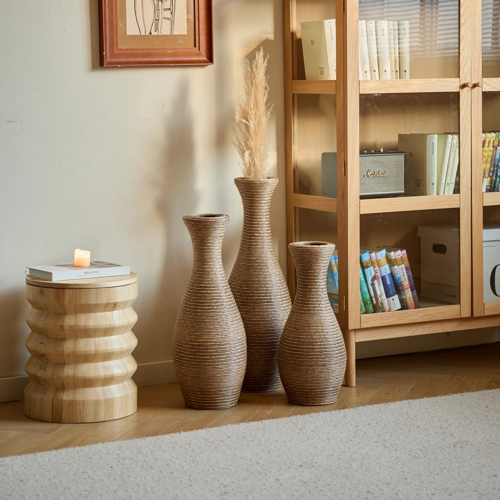 3-Piece Artificial Rattan Floor Vase Set – Decorative Accent for Living Room, Hallway & Entryway, Ideal for Dried or Silk Flower Arrangements, Beige – view 22