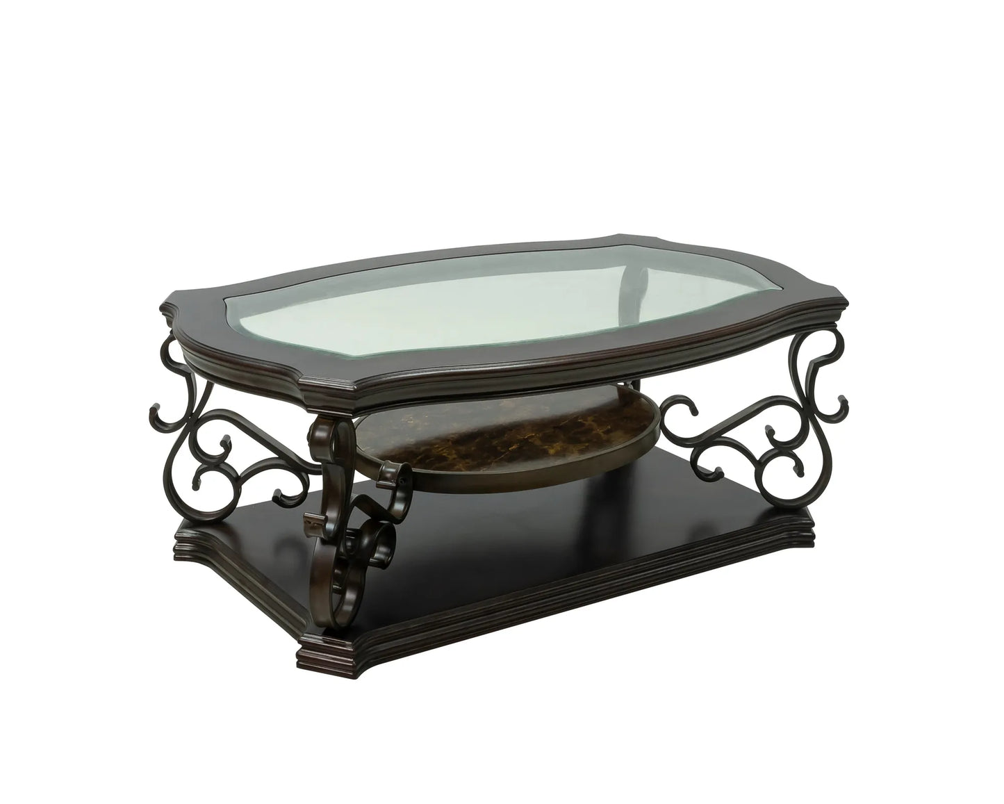 Cocktail Table, Glass table top, MDF W/marble paper middle shelf, powder coat finish metal legs. (52'Lx32'Wx20.3'H) – view 22