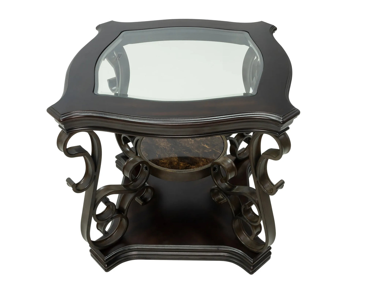End table, Glass table top, MDF W/marble paper middle shelf, powder coat finish metal legs. (26.3'Lx26.3'Wx24'H) – view 22