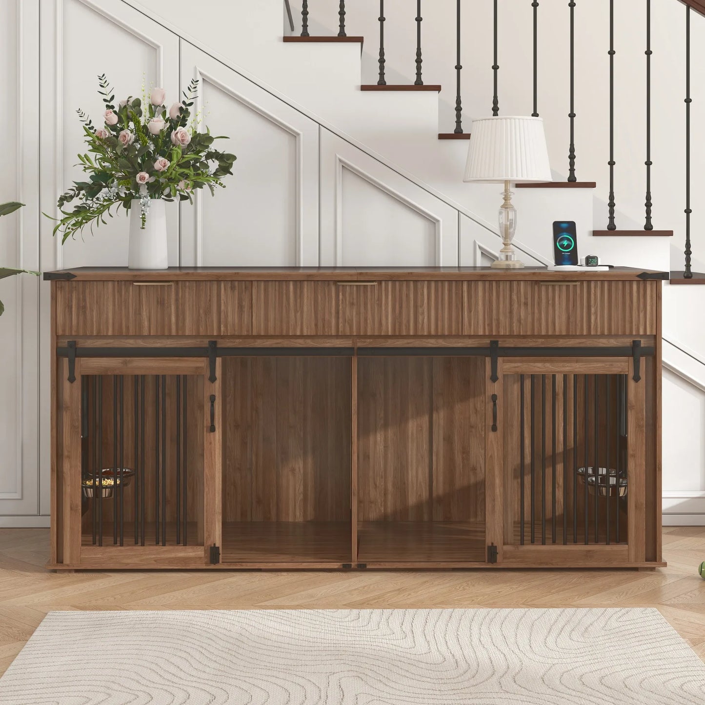 71'' Furniture Style Double Dog Crate with 3 Fluted Drawers and Waterproof Walnut Woodgrain Tabletop,Large Dog Kennel Furniture with Type-C Power – view 22