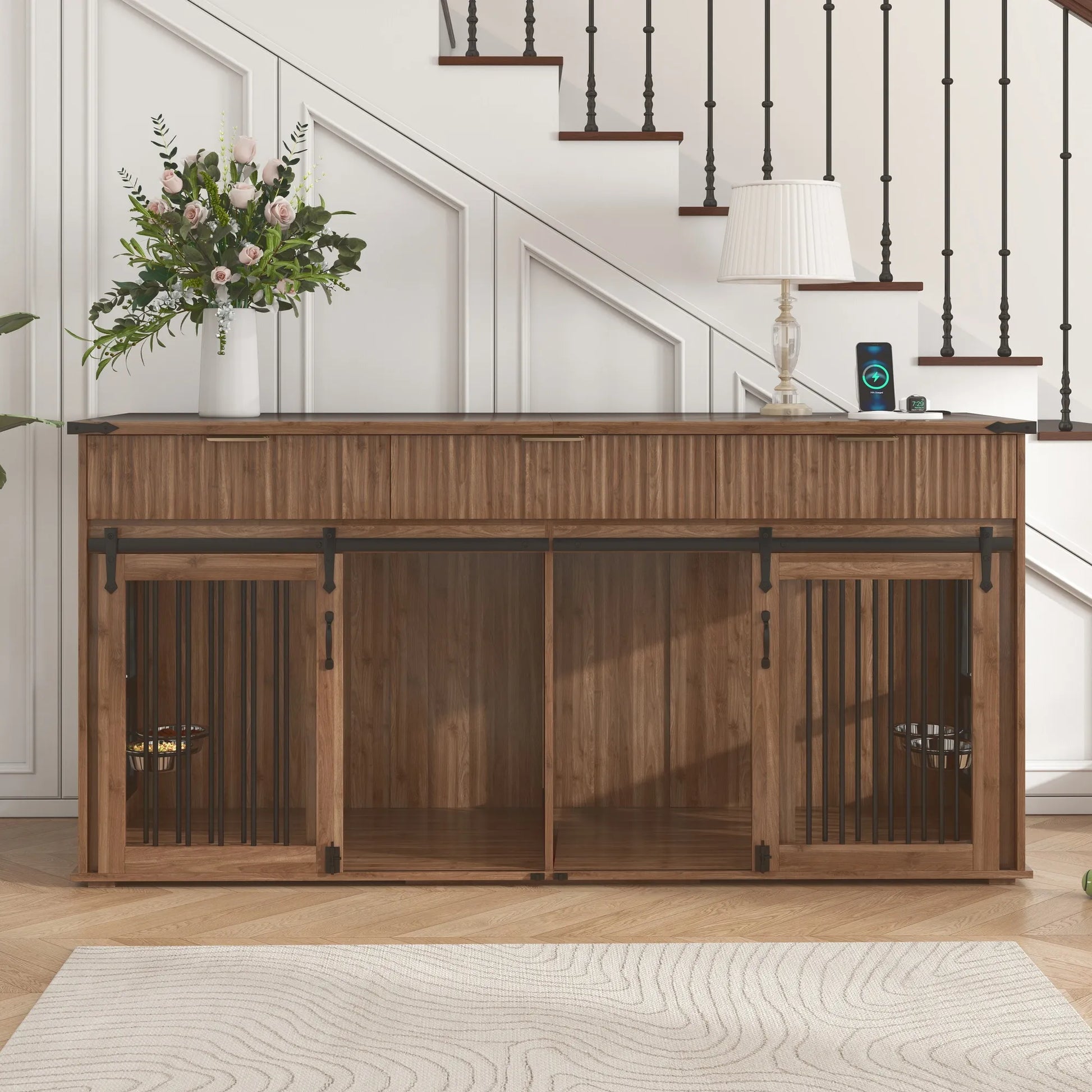 71'' Furniture Style Double Dog Crate with 3 Fluted Drawers and Waterproof Walnut Woodgrain Tabletop,Large Dog Kennel Furniture with Type-C Power – view 22