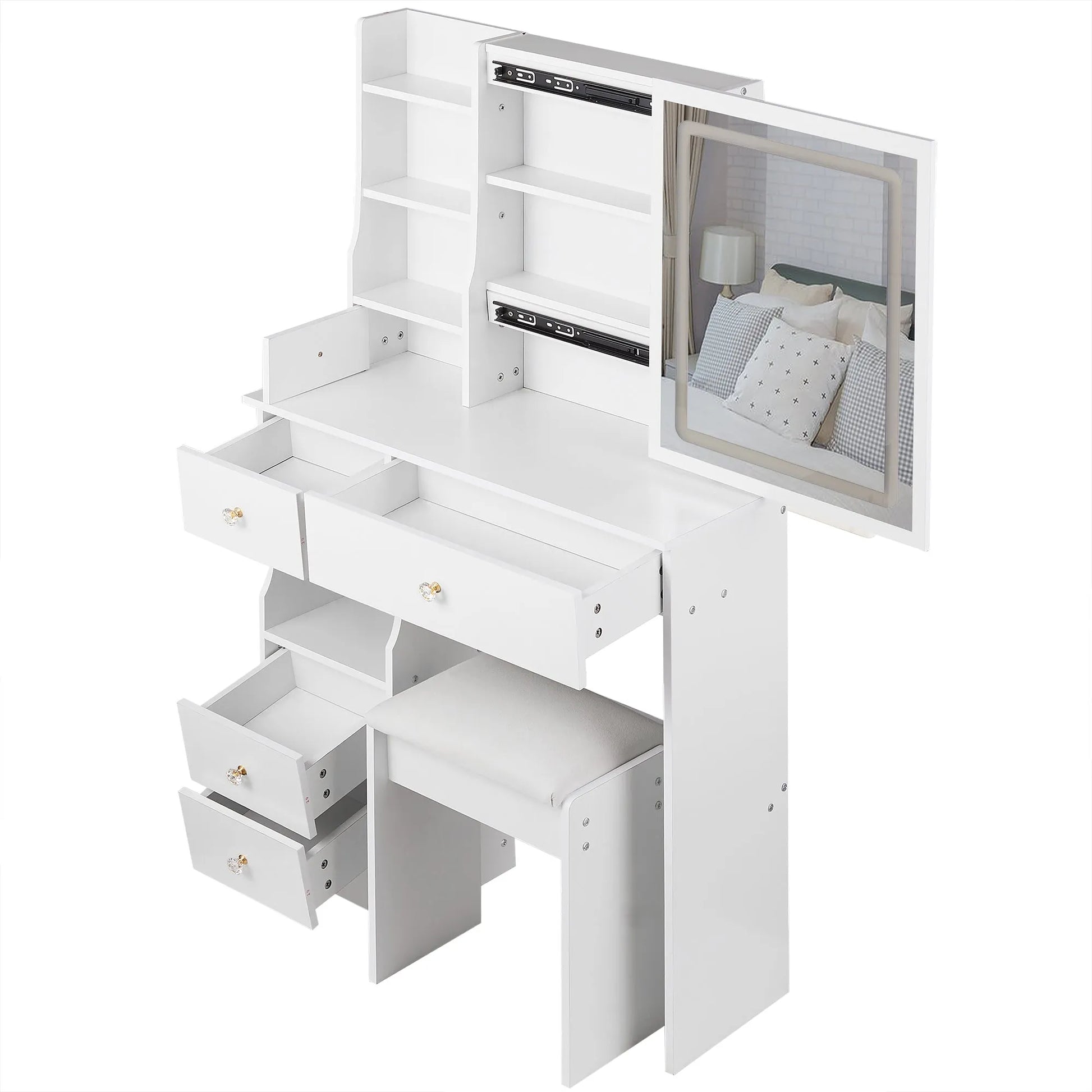 29.2' Small Size Left Drawer Desktop Vanity Table + Cushioned Stool, Large Sliding, Touch Control, Tri-color Switching, Brightness Adjust LED Mirror – view 22