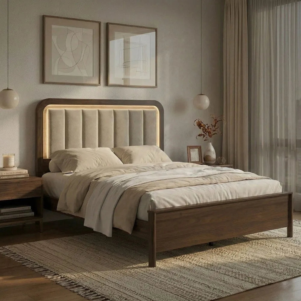 Walnut Gorgeous Queen Size Bed Nightstands Set Panel Bed HB w LED Warm Light Bedroom Set 3pc – view 23