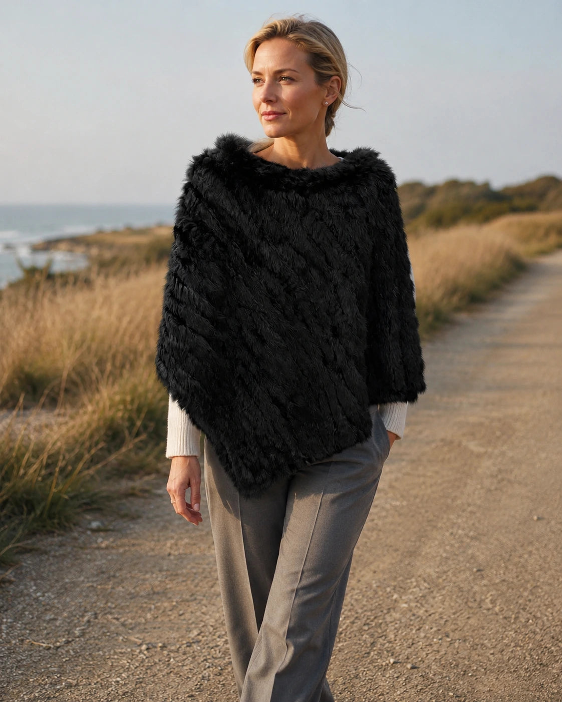 Black rabbit fur knit poncho worn on a dry fall walk