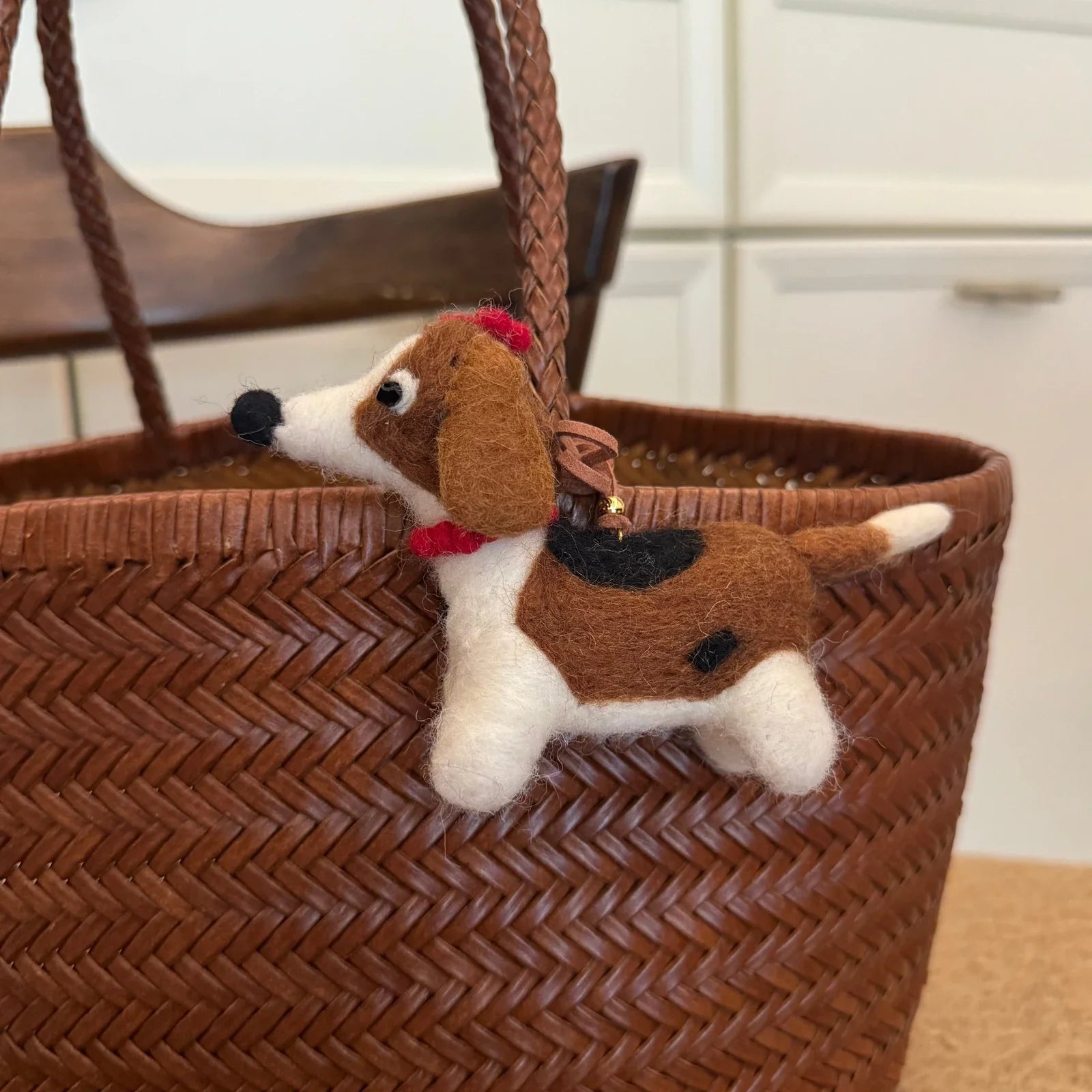 brown spotted dog handmade wool felt bag charm