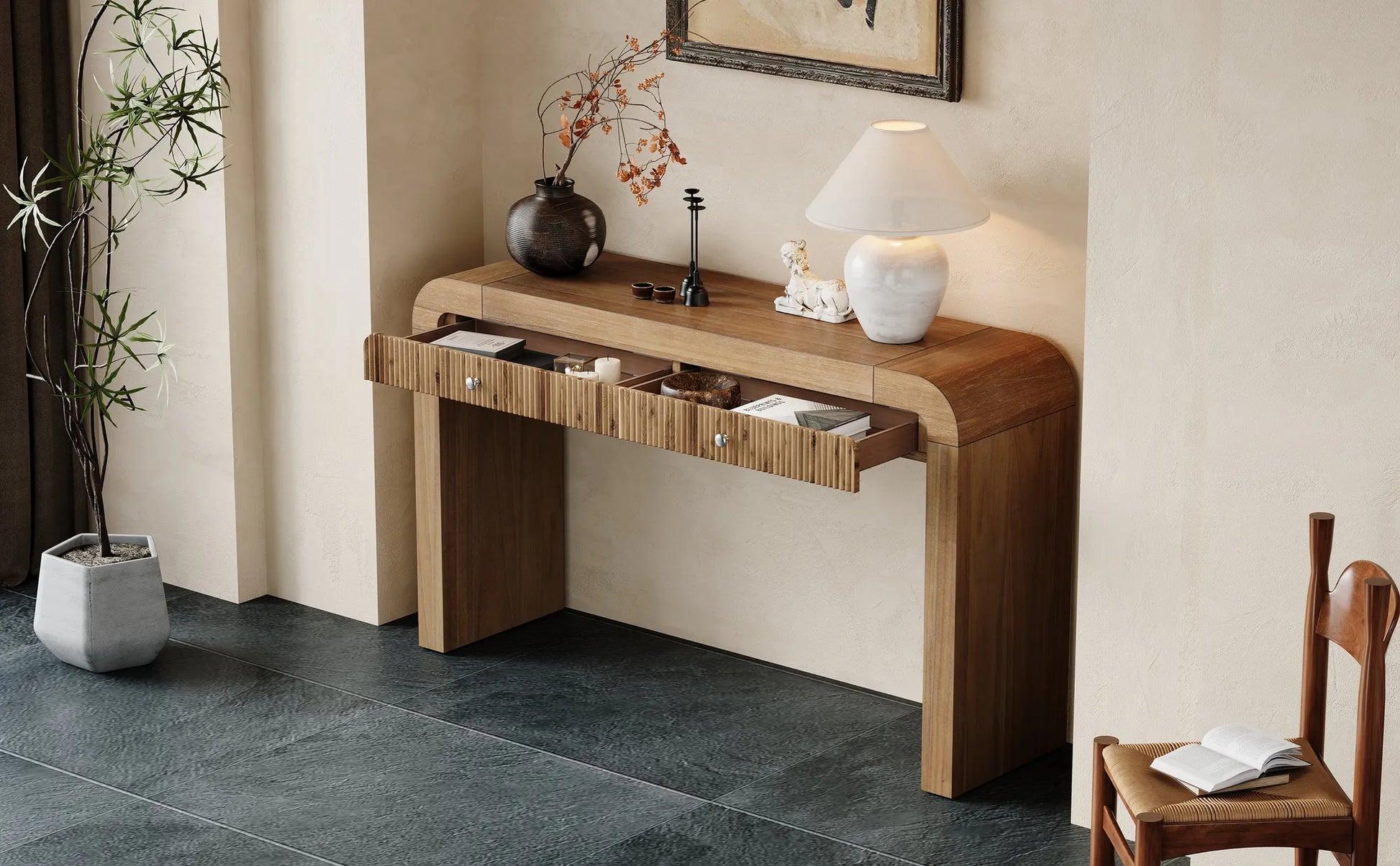 Rustic Console Table with Fluted Drawer Front, Entryway Table with Curved Corners & Thick Legs, Sturdy Sofa Table for Hallway & Living Room (Natural) – view 23