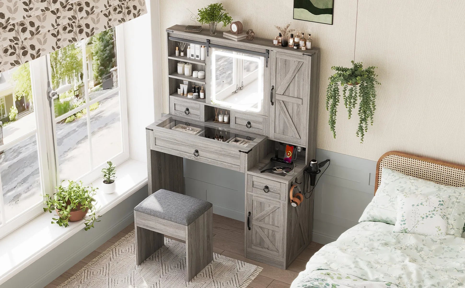 Farmhouse Vanity Desk with Sliding Mirror and Lights, Vanity Set with Glass Top and Charging Station ,Dressing Table with 4 Drawers and 2 Cabinets – view 23