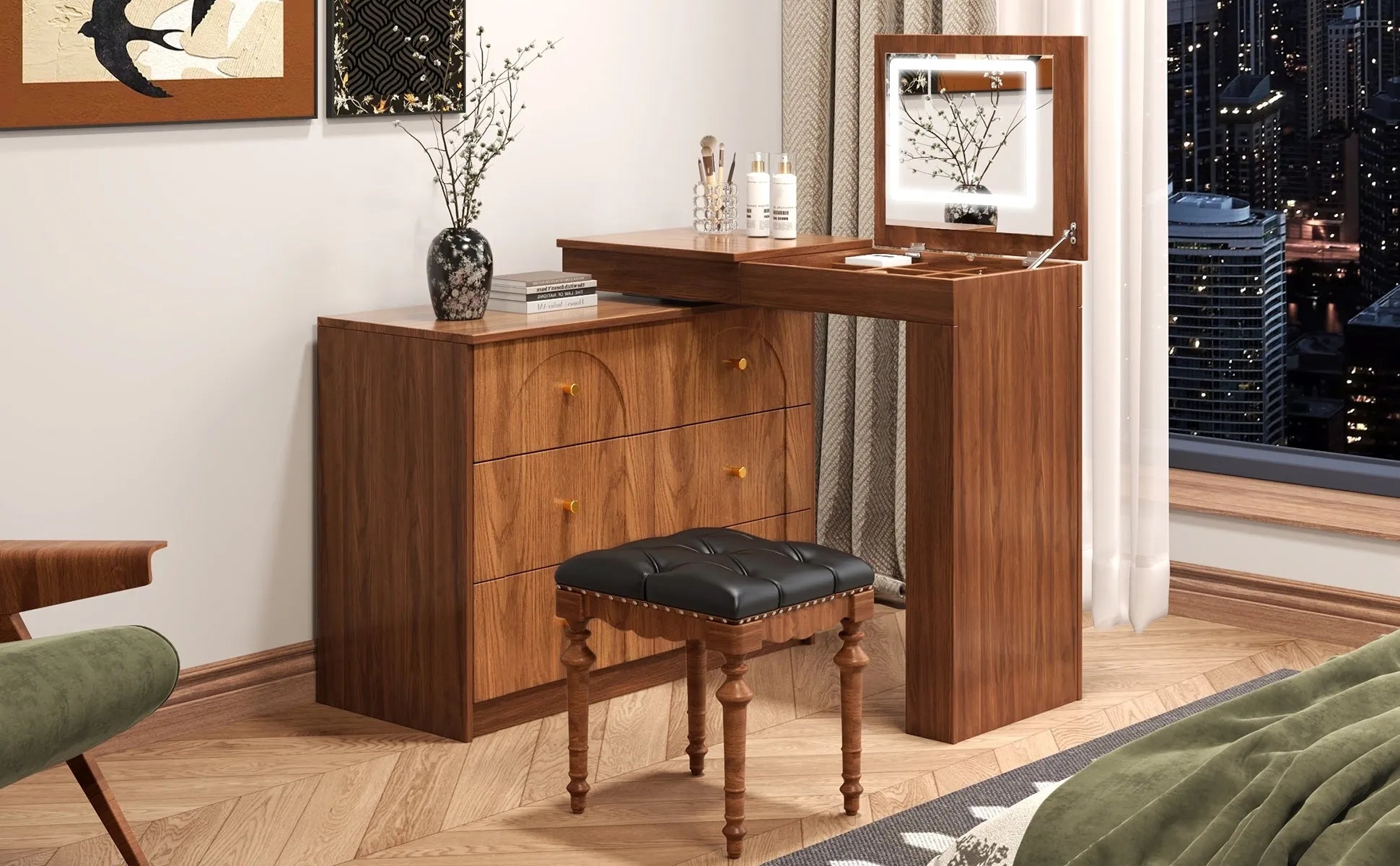 Vanity Desk with Mirror and Lights, Makeup Vanity Table with Flip-Top Tabletop and Storage 7 Drawers, 9 Compartments, 3 Shelves, 3 Color Modes – view 23