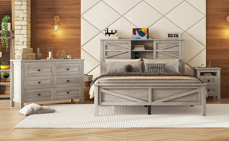 3-Pieces Bedroom Sets Queen Size Farmhouse Platform Bed with Double Sliding Door Storage Headboard and Charging Station, Storage Nightstand and – view 23