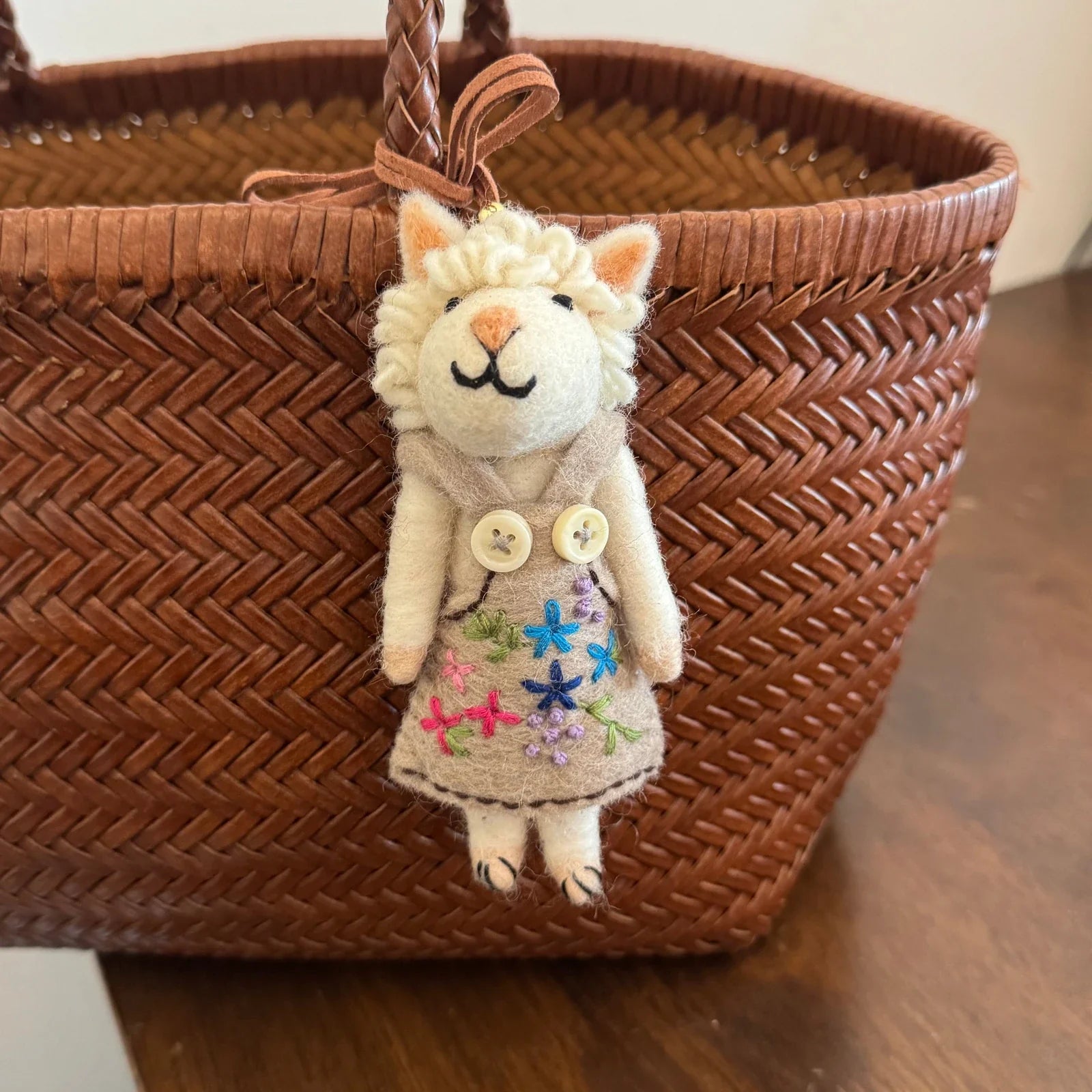Handmade wool felt sheep bag charm – pinafore sheep