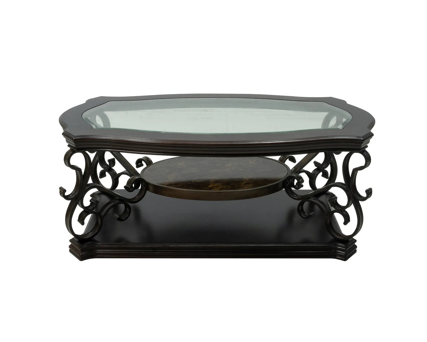 Cocktail Table, Glass table top, MDF W/marble paper middle shelf, powder coat finish metal legs. (52'Lx32'Wx20.3'H) – view 23