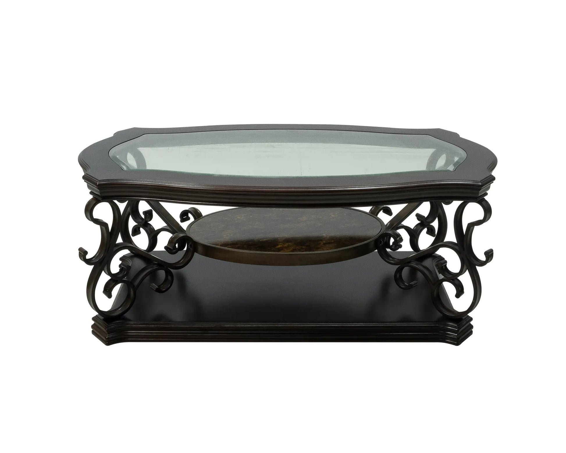 Cocktail Table, Glass table top, MDF W/marble paper middle shelf, powder coat finish metal legs. (52'Lx32'Wx20.3'H) – view 23