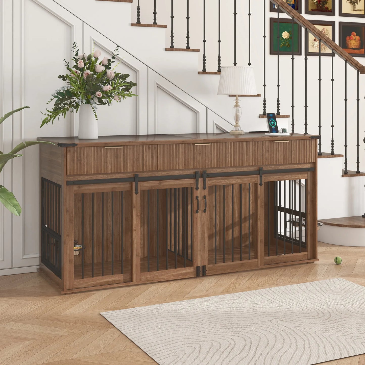 71'' Furniture Style Double Dog Crate with 3 Fluted Drawers and Waterproof Walnut Woodgrain Tabletop,Large Dog Kennel Furniture with Type-C Power – view 23