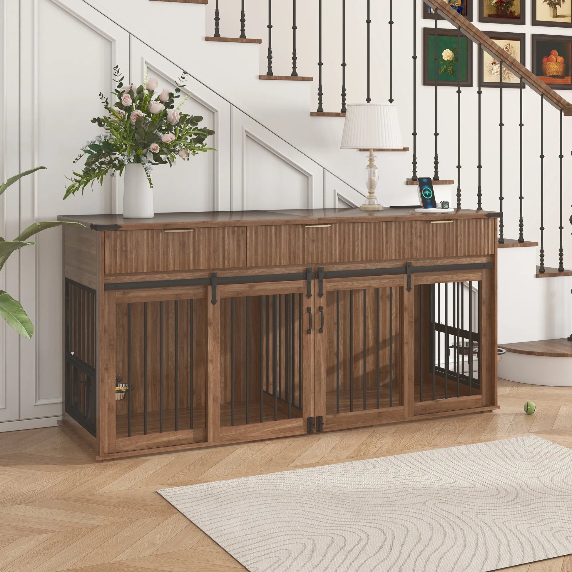 71'' Furniture Style Double Dog Crate with 3 Fluted Drawers and Waterproof Walnut Woodgrain Tabletop,Large Dog Kennel Furniture with Type-C Power – view 23