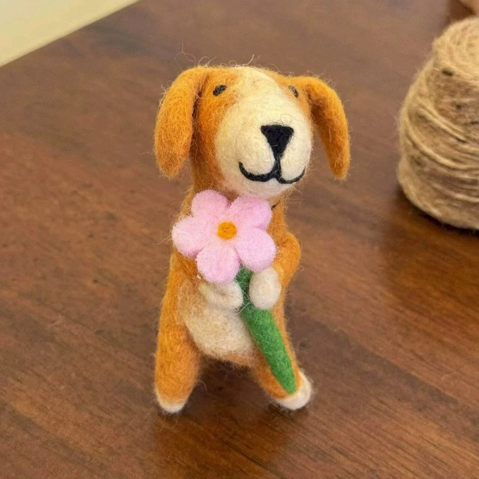 Flower-Holding Dog handmade wool felt bag charm and keychain
