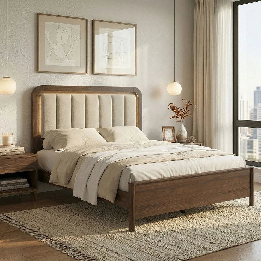 Walnut Gorgeous Queen Size Bed Nightstands Set Panel Bed HB w LED Warm Light Bedroom Set 3pc – view 24
