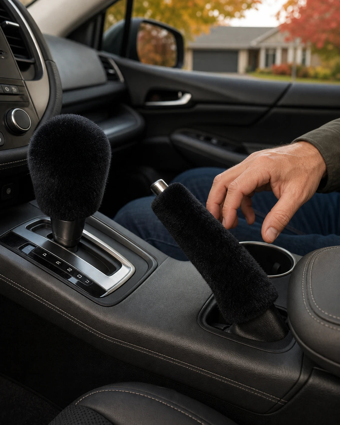 Black Rex rabbit fur gear shift and handbrake covers in a parked crossover with an adult driver