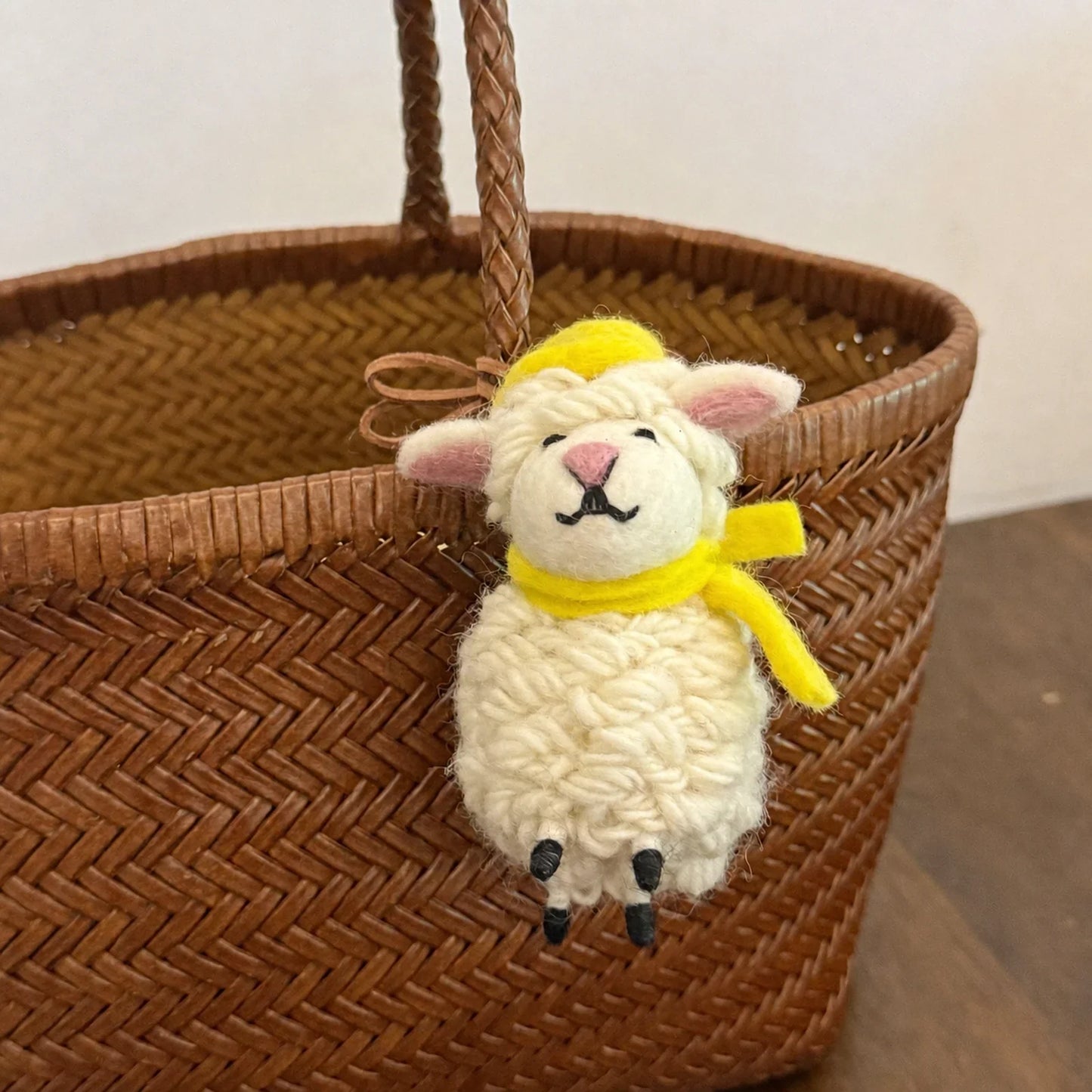 lamb yellow hat handmade wool felt bag charm