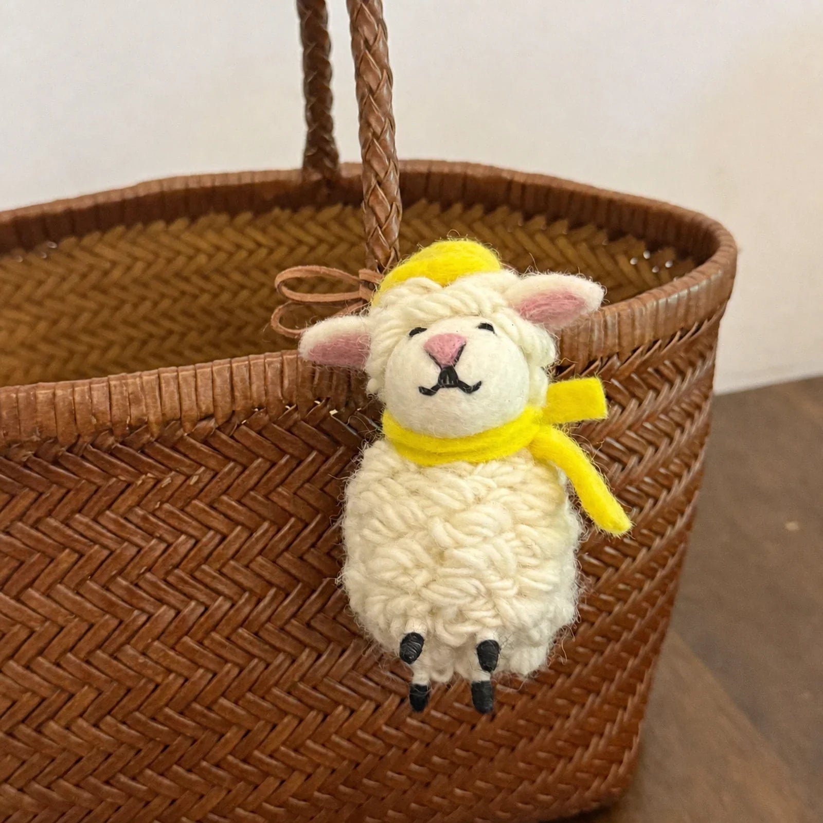 lamb yellow hat handmade wool felt bag charm