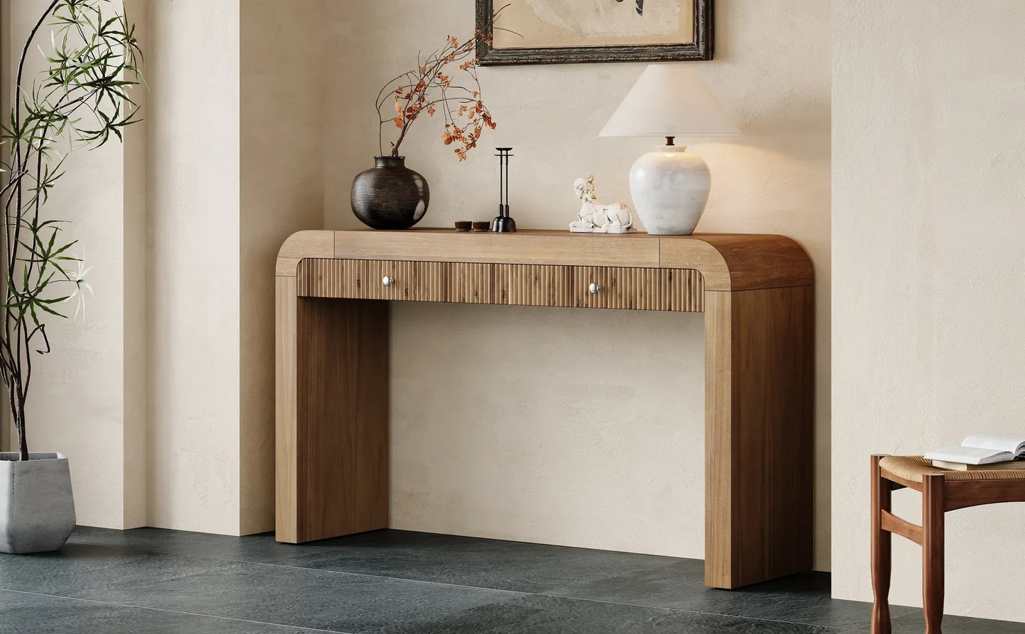 Rustic Console Table with Fluted Drawer Front, Entryway Table with Curved Corners & Thick Legs, Sturdy Sofa Table for Hallway & Living Room (Natural) – view 24