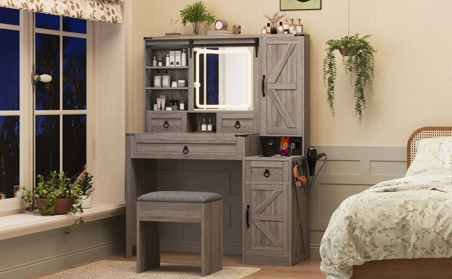 Farmhouse Vanity Desk with Sliding Mirror and Lights, Vanity Set with Glass Top and Charging Station ,Dressing Table with 4 Drawers and 2 Cabinets – view 24