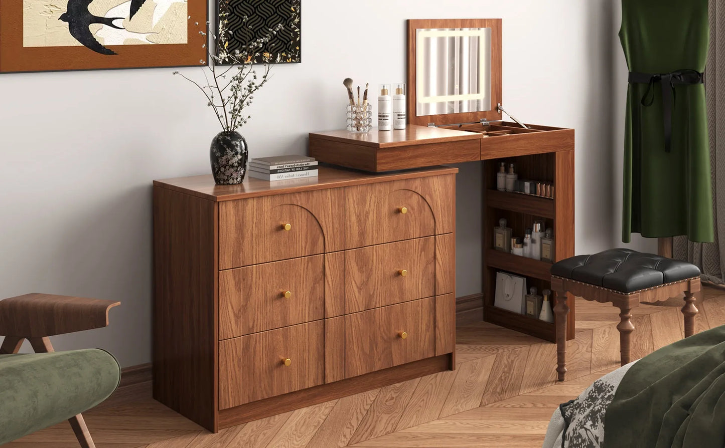 Vanity Desk with Mirror and Lights, Makeup Vanity Table with Flip-Top Tabletop and Storage 7 Drawers, 9 Compartments, 3 Shelves, 3 Color Modes – view 24
