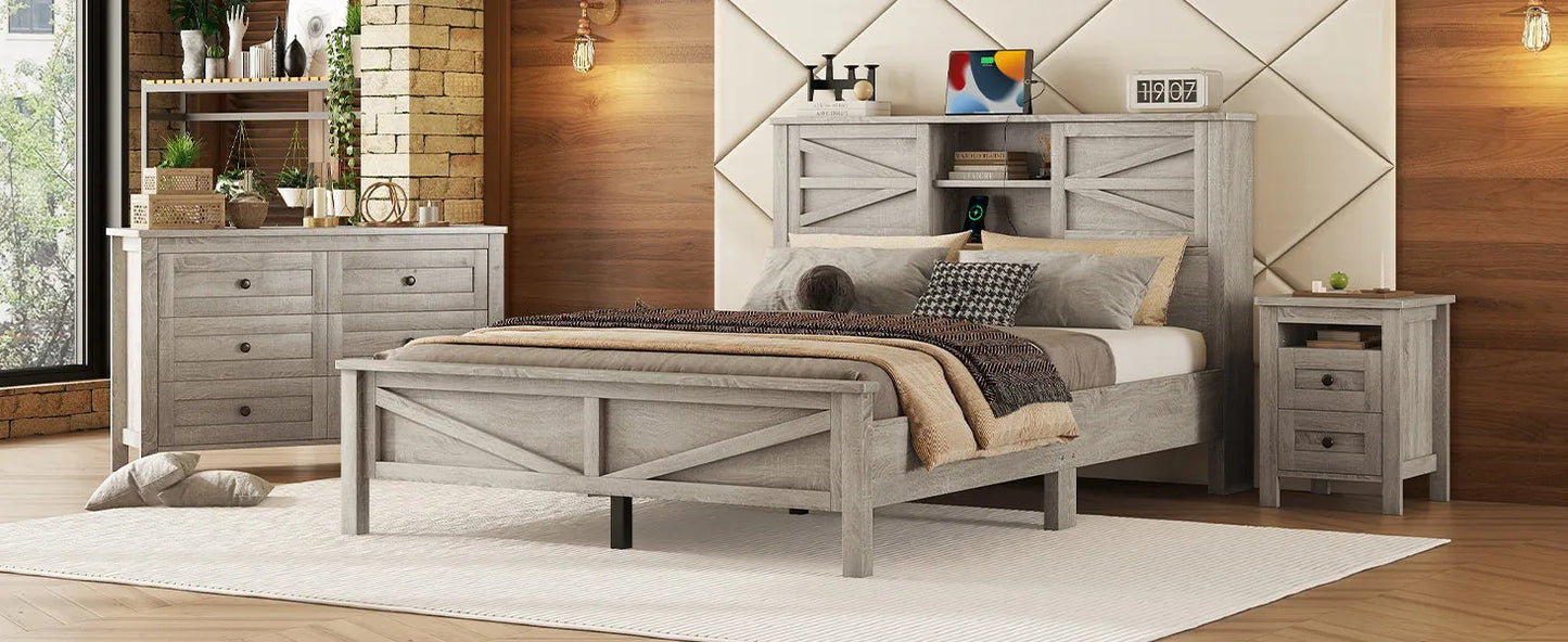 3-Pieces Bedroom Sets Queen Size Farmhouse Platform Bed with Double Sliding Door Storage Headboard and Charging Station, Storage Nightstand and – view 24