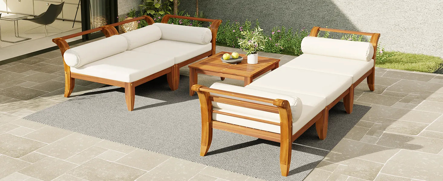6 Piece Patio Sofa Set, Acacia Wood Outdoor Modular Sectional Garden Furniture Set L-Shaped Conversation Set, Convertible Daybed with Tea Table – view 24