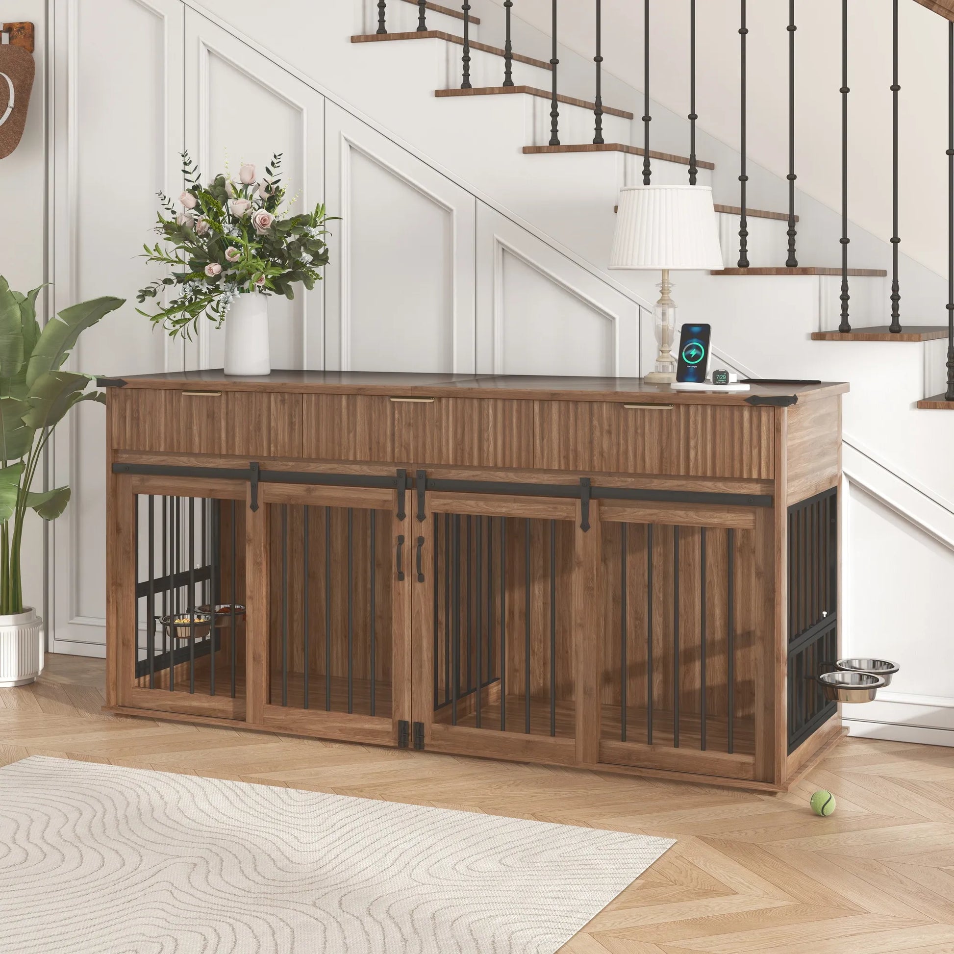 71'' Furniture Style Double Dog Crate with 3 Fluted Drawers and Waterproof Walnut Woodgrain Tabletop,Large Dog Kennel Furniture with Type-C Power – view 24
