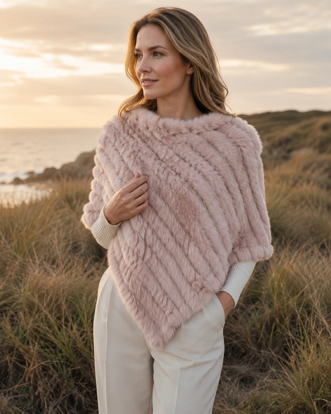 Apricot pink rabbit fur knit poncho worn on a dry field walk